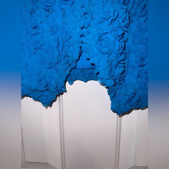 ONCE AGAIN Cardigan Size Small Peacock Blue Short Sleeve 2D Floral Print Ruffle - Picture 10 of 15